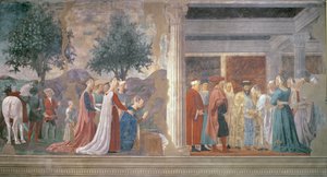 La Reina de Saba adorando la madera de la Verdadera Cruz y La recepción de la Reina de Saba por el Rey Salomón (c.1015-977) del ciclo de la Leyenda de la Verdadera Cruz, completado en 1464